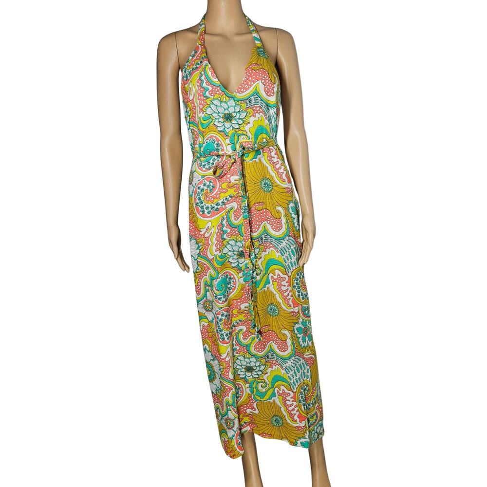 70s Wrap Maxi Dress Yellow Handmade Floral Vintage Strappy Backless 2 pc Size OS